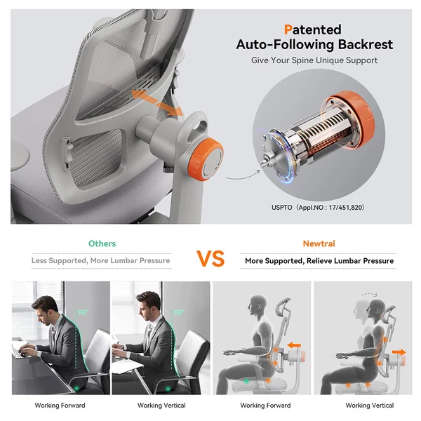 NEWTRAL MAGICH003 ergonomikus irodai szék, automatikus háttámla, állítható fejtámla, 3D karfa - Szürke