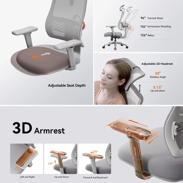 NEWTRAL MAGICH003 ergonomikus irodai szék, automatikus háttámla, állítható fejtámla, 3D karfa - Szürke