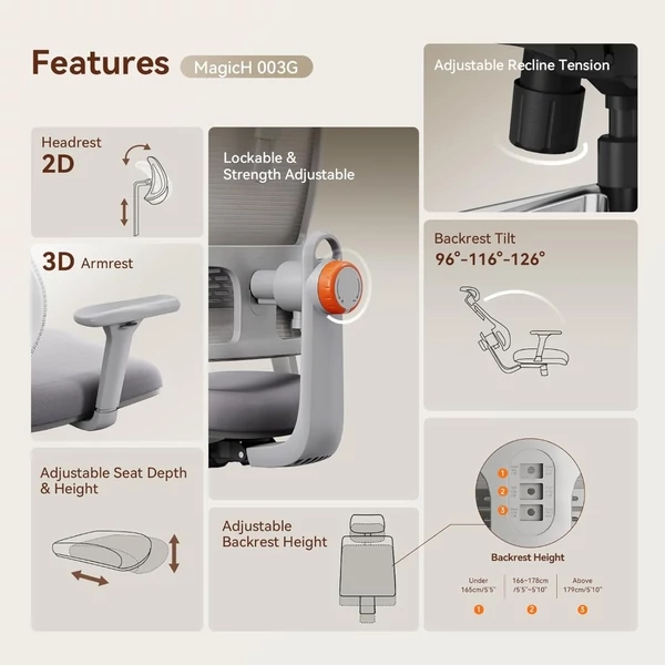 NEWTRAL MAGICH003 ergonomikus irodai szék levehető asztallal, automatikus háttámla, állítható fejtámla, 3D karfa - Szürke