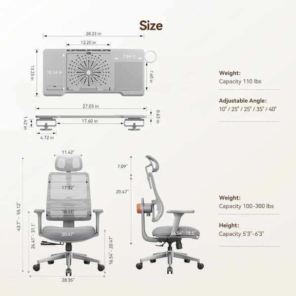 NEWTRAL MAGICH003 ergonomikus irodai szék levehető asztallal, automatikus háttámla, állítható fejtámla, 3D karfa - Szürke