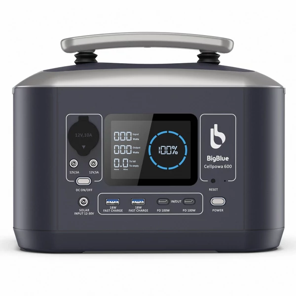 Bigblue CellPowa 600 hordozható áramforrás, 537Wh, 600W kült. generátor, LiFePO4 3500+ ciklus, 0-80% töltés 1,6 óra, 2*AC, 2*DC, 2*USB, 1*autós csatl
