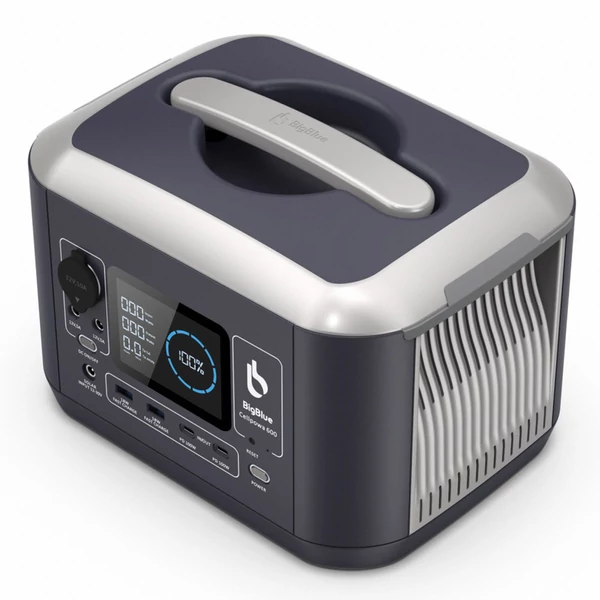 Bigblue CellPowa 600 hordozható áramforrás, 537Wh, 600W kült. generátor, LiFePO4 3500+ ciklus, 0-80% töltés 1,6 óra, 2*AC, 2*DC, 2*USB, 1*autós csatl