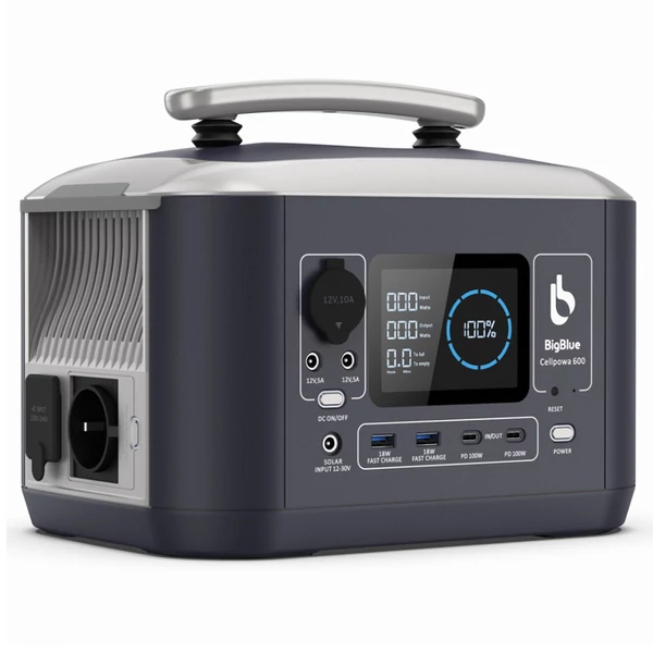 Bigblue CellPowa 600 hordozható áramforrás, 537Wh, 600W kült. generátor, LiFePO4 3500+ ciklus, 0-80% töltés 1,6 óra, 2*AC, 2*DC, 2*USB, 1*autós csatl