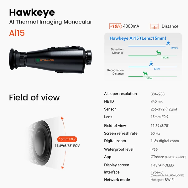 GTGUARD AI15 hőkamera monokulár – éjjellátó, 8× zoom, 32 GB tárhely, vízálló, 4000 mAh akkumulátorral