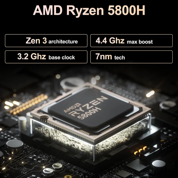GEEKOM A5 mini PC, AMD Ryzen 5 7430U, 6 mag, 4.3GHz, 16GB RAM, 512GB SSD, WiFi 6, BT 5.2, 4 kijelző, HDMI, USB-C, USB-A, SD, LAN, jack