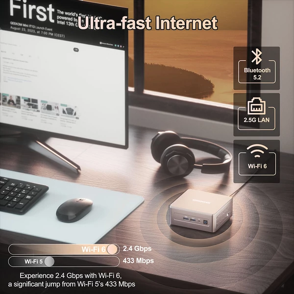 GEEKOM A5 mini PC, AMD Ryzen 5 7430U, 6 mag, 4.3GHz, 16GB RAM, 512GB SSD, WiFi 6, BT 5.2, 4 kijelző, HDMI, USB-C, USB-A, SD, LAN, jack