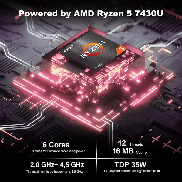 GEEKOM A5 mini PC, AMD Ryzen 5 7430U, 6 mag, 4.3GHz, 16GB RAM, 512GB SSD, WiFi 6, BT 5.2, 4 kijelző, HDMI, USB-C, USB-A, SD, LAN, jack
