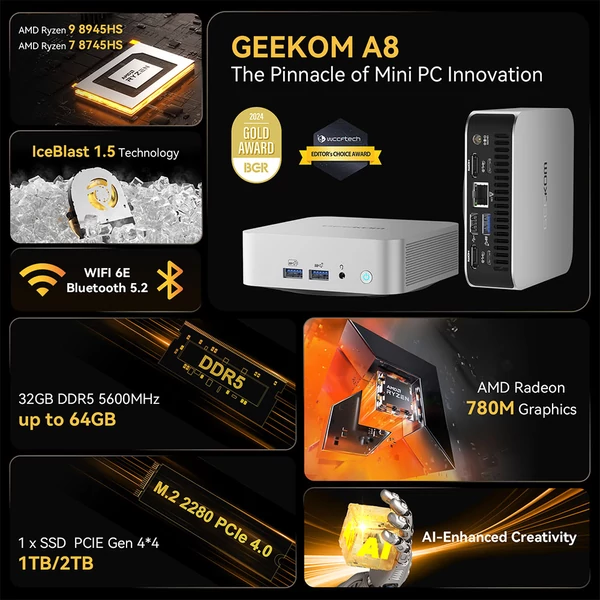 GEEKOM A8 AI Mini PC, AMD Ryzen 7 8745HS, 8 mag, max. 5,1GHz, 32GB DDR5 RAM, 1TB SSD, 4 kijelzős, WiFi 6E, BT 5.2