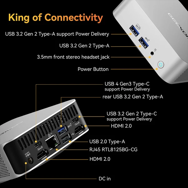 GEEKOM A8 AI Mini PC, AMD Ryzen 7 8745HS, 8 mag, max. 5,1GHz, 32GB DDR5 RAM, 1TB SSD, 4 kijelzős, WiFi 6E, BT 5.2