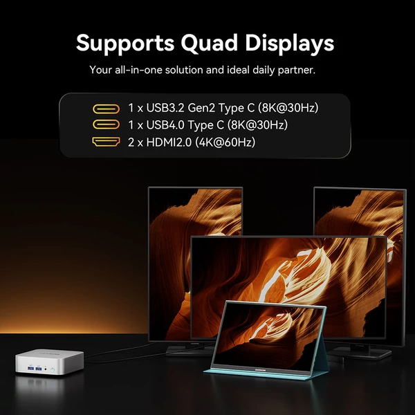 GEEKOM A8 AI Mini PC, AMD Ryzen 7 8745HS, 8 mag, max. 5,1GHz, 32GB DDR5 RAM, 1TB SSD, 4 kijelzős, WiFi 6E, BT 5.2