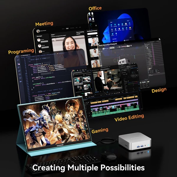 GEEKOM A8 AI Mini PC, AMD Ryzen 7 8745HS, 8 mag, max. 5,1GHz, 32GB DDR5 RAM, 1TB SSD, 4 kijelzős, WiFi 6E, BT 5.2