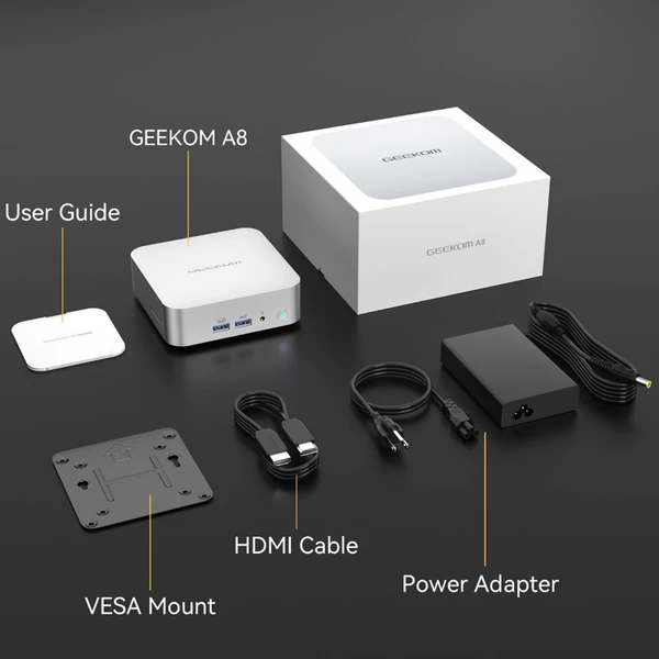 GEEKOM A8 AI Mini PC, AMD Ryzen 7 8745HS, 8 mag, max. 5,1GHz, 32GB DDR5 RAM, 1TB SSD, 4 kijelzős, WiFi 6E, BT 5.2