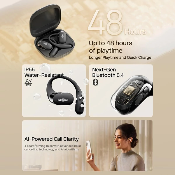 SHOKZ OpenFit 2 nyitott fülhallgató, vezeték nélküli Bluetooth, 48 óra üzemidő, IP55, Bluetooth 5.4 - Fekete