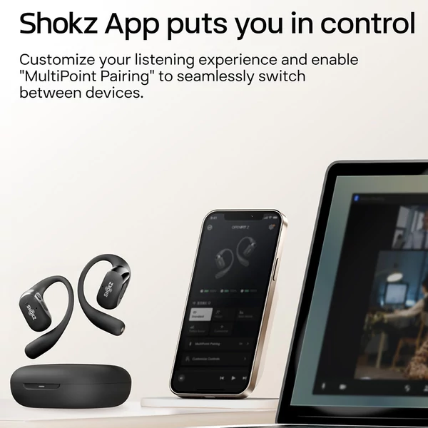 SHOKZ OpenFit 2 nyitott fülhallgató, vezeték nélküli Bluetooth, 48 óra üzemidő, IP55, Bluetooth 5.4 - Fekete
