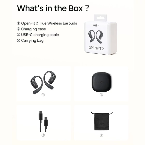 SHOKZ OpenFit 2 nyitott fülhallgató, vezeték nélküli Bluetooth, 48 óra üzemidő, IP55, Bluetooth 5.4 - Fekete