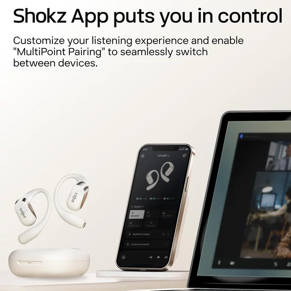 SHOKZ OpenFit 2 nyitott fülhallgató, vezeték nélküli Bluetooth, 48 óra üzemidő, IP55, Bluetooth 5.4 - Fehér