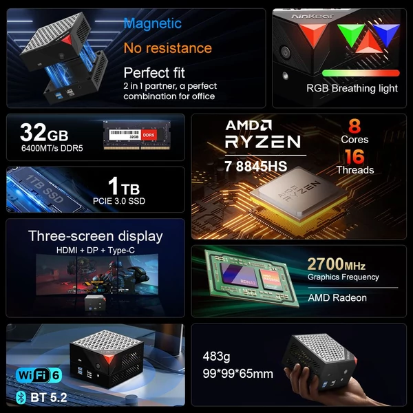 Ninkear MBOX 8 Pro mágneses moduláris mini PC, Ryzen 7 8845HS, 32GB DDR5 RAM, 1TB SSD, 4K HDMI/DP/Type-C, WiFi 6, BT 5.2, RGB