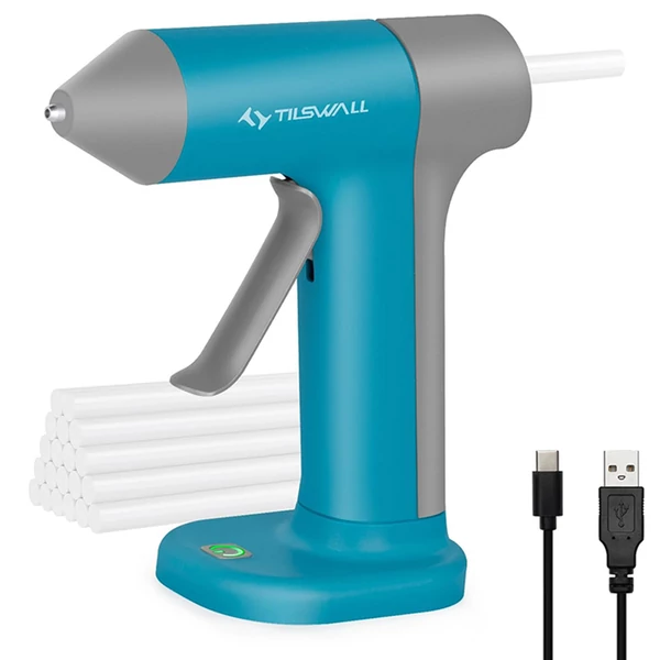 Tilswall W106 akkus ragasztópisztoly – gyorsan melegszik, újratölthető USB-C-vel, 20 ragasztórúddal - kék