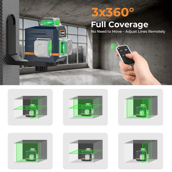 CIGMAN CM-701T 3×360° önszintező lézeres szintező – 1,5 méteres állvánnyal, távirányítóval, 4000 mAh akkumulátorral