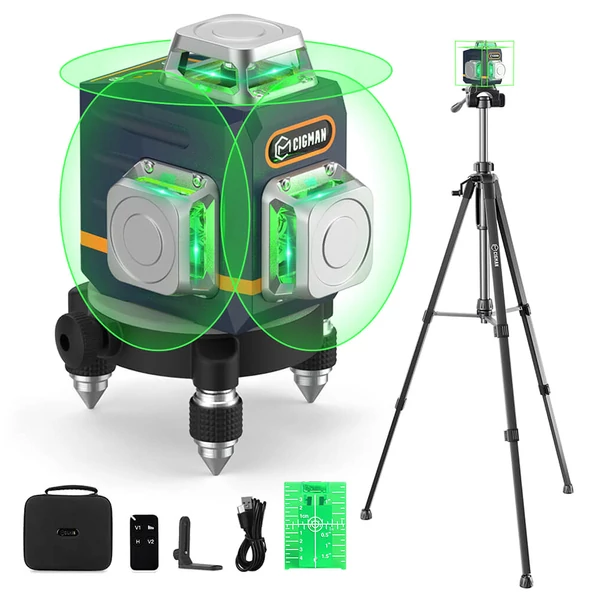 CIGMAN CM-701T 3×360° önszintező lézeres szintező – 1,5 méteres állvánnyal, távirányítóval, 4000 mAh akkumulátorral