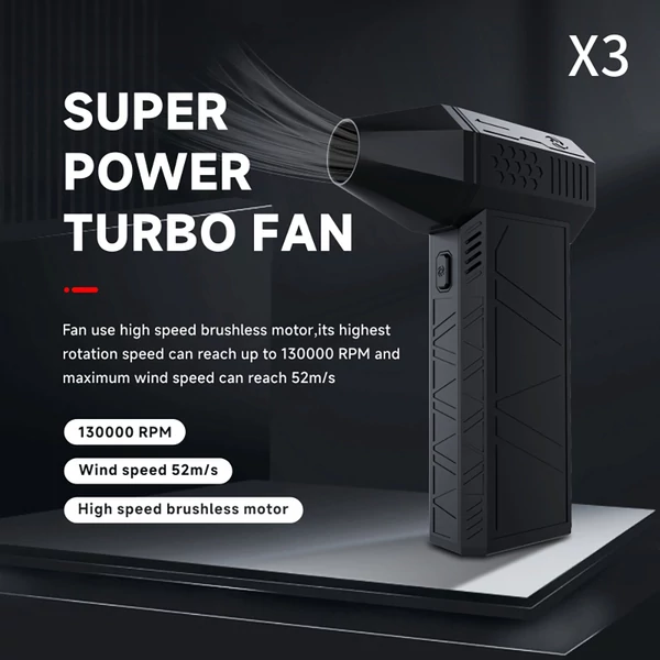 JARVIS X3 erőteljes turbó ventilátor – 130 000 fordulat/perc, kefementes motor, 3000 mAh akkumulátor kapacitás, három sebesség fokozat