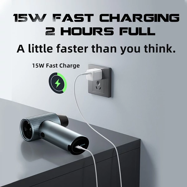 JARVIS X7 erőteljes turbó ventilátor – 9 000 fordulat/perc, kefementes motor, 15W gyorstöltés, 2500 mAh akkumulátor kapacitás, három sebesség fokozat