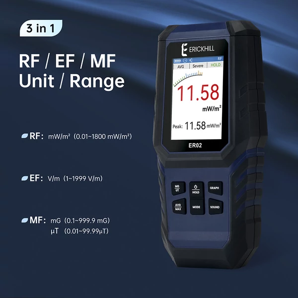 ERICKHILL ER02 3 az 1-ben EMF mérő – Elektromágneses tér detektor EF/RF/MF sugárzás mérésére, szellemvadászathoz és otthoni ellenőrzésekhez