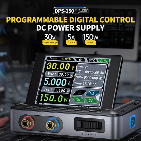 FNIRSI DPS-150 állítható DC tápegység, 30V 5A, 150W, 4 számjegyű IPS kijelző, 90°-os döntés, PD/QC/DC bemenet, PC vezérelhető