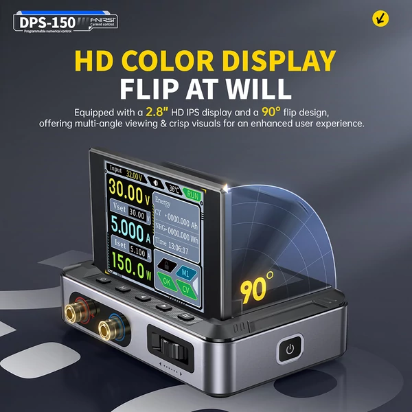 FNIRSI DPS-150 állítható DC tápegység, 30V 5A, 150W, 4 számjegyű IPS kijelző, 90°-os döntés, PD/QC/DC bemenet, PC vezérelhető