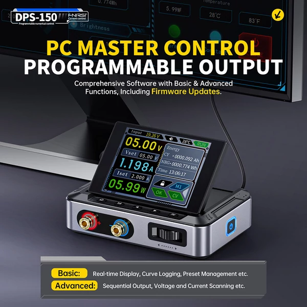 FNIRSI DPS-150 állítható DC tápegység, 30V 5A, 150W, 4 számjegyű IPS kijelző, 90°-os döntés, PD/QC/DC bemenet, PC vezérelhető