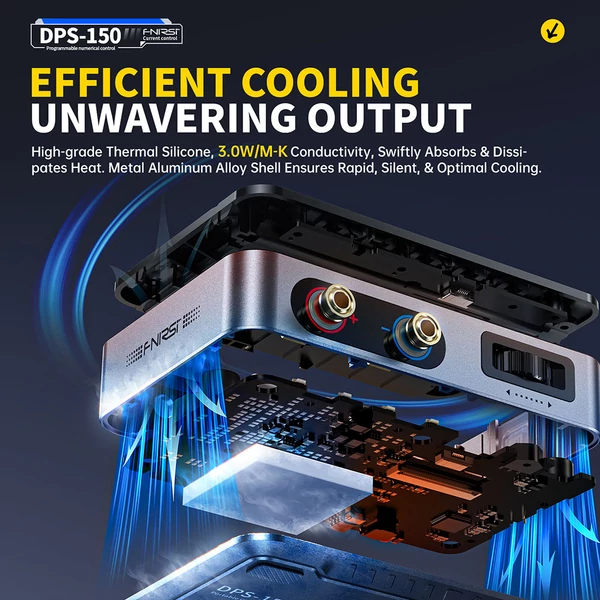 FNIRSI DPS-150 állítható DC tápegység, 30V 5A, 150W, 4 számjegyű IPS kijelző, 90°-os döntés, PD/QC/DC bemenet, PC vezérelhető