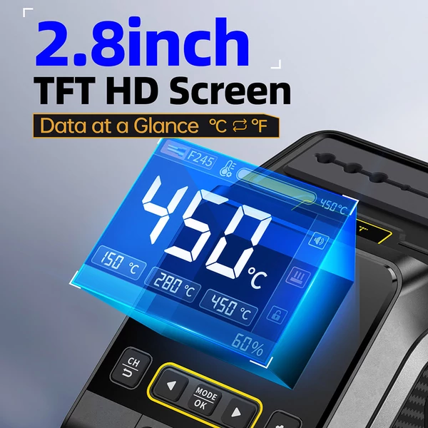 FNIRSI DWS-200 F245 200W digitális forrasztóállomás készlet, 1 hegy, 2 segédkar, színes kijelző, hőfok tárolás