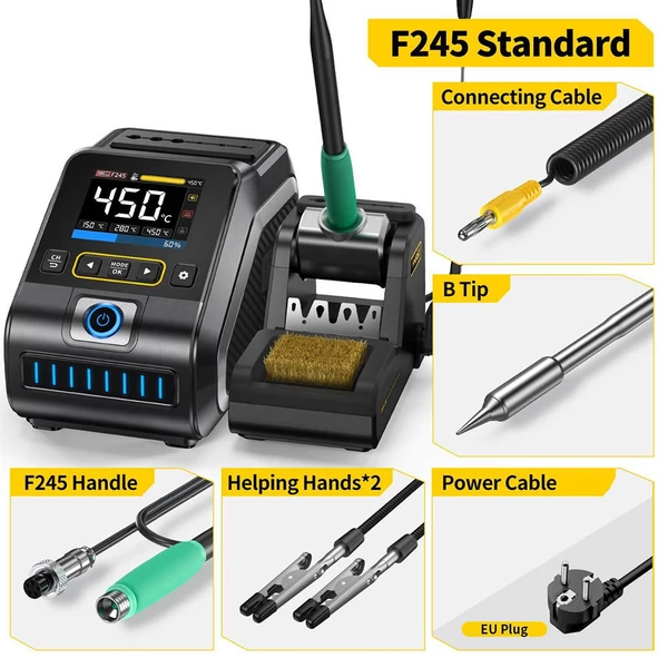 FNIRSI DWS-200 F245 200W digitális forrasztóállomás készlet, 1 hegy, 2 segédkar, színes kijelző, hőfok tárolás