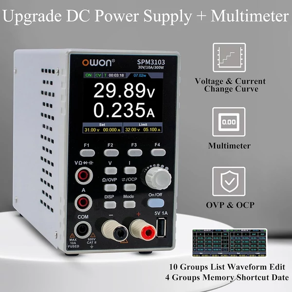 OWON SPM3103 DC tápegység multiméterrel, 30V/10A kimenet, 300W, 10mV/1mA felbontás, 2,8" TFT LCD, 4 1/2 számjegy, SCPI támogatás