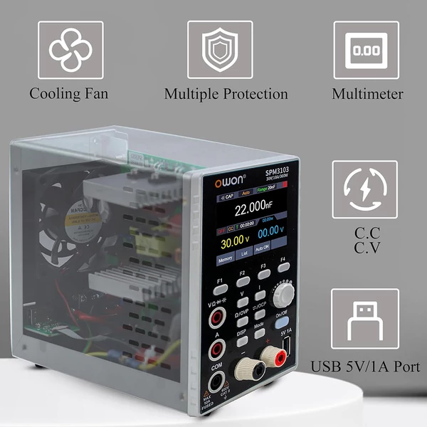 OWON SPM3103 DC tápegység multiméterrel, 30V/10A kimenet, 300W, 10mV/1mA felbontás, 2,8" TFT LCD, 4 1/2 számjegy, SCPI támogatás
