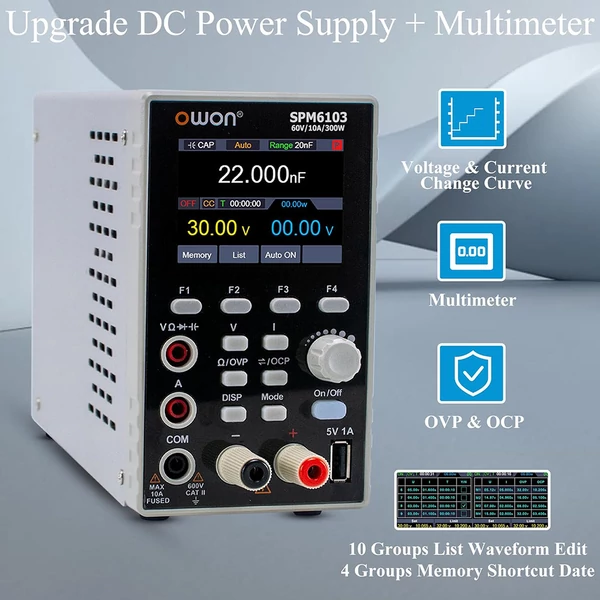 OWON SPM6103 DC tápegység multiméterrel, 60V/10A, 300W, 10mV/1mA, 2,8" TFT LCD, 4,5 számjegy, SCPI támogatás