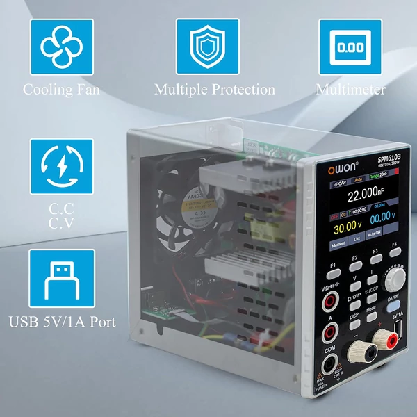 OWON SPM6103 DC tápegység multiméterrel, 60V/10A, 300W, 10mV/1mA, 2,8" TFT LCD, 4,5 számjegy, SCPI támogatás