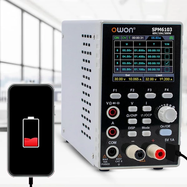 OWON SPM6103 DC tápegység multiméterrel, 60V/10A, 300W, 10mV/1mA, 2,8" TFT LCD, 4,5 számjegy, SCPI támogatás