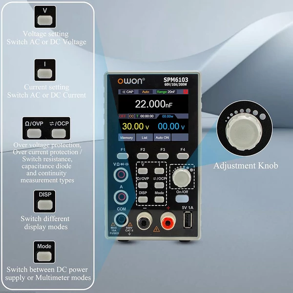 OWON SPM6103 DC tápegység multiméterrel, 60V/10A, 300W, 10mV/1mA, 2,8" TFT LCD, 4,5 számjegy, SCPI támogatás