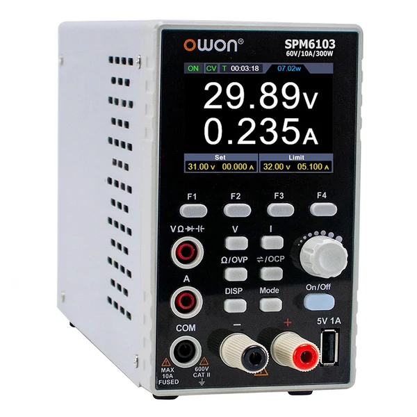 OWON SPM6103 DC tápegység multiméterrel, 60V/10A, 300W, 10mV/1mA, 2,8" TFT LCD, 4,5 számjegy, SCPI támogatás