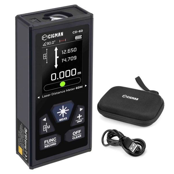 CIGMAN CD-60 kétirányú lézeres távolságmérő – 120 méteres (393 láb) mérési hatótáv, többféle mértékegység (m/in/ft), újratölthető akkumulátorral