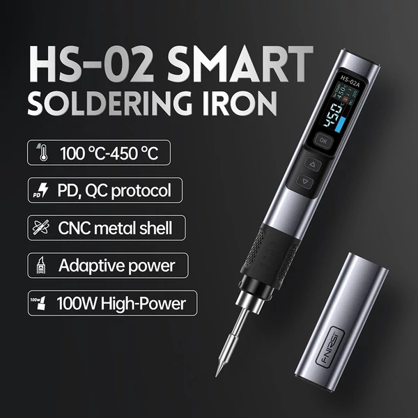 FNIRSI HS-02 elektromos forrasztópáka, 0,96" színes kijelző, 100W, 100–450°C, gyors felfűtés, állítható hőmérséklet, fekete