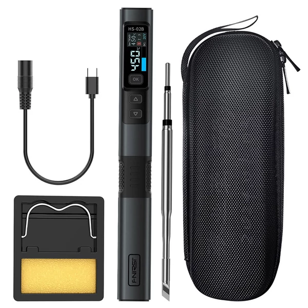 FNIRSI HS-02 elektromos forrasztópáka, 0,96" színes kijelző, 100W, 100–450°C, gyors felfűtés, állítható hőmérséklet, fekete