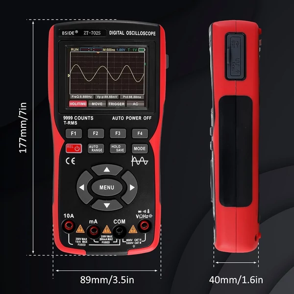 BSIDE ZT702S Digitális Multiméter, Oszcilloszkóp, Auto True RMS, Tranzisztor Szonda, 48M/s 10MHz PC Hullámforma, 2.8" LCD Kijelző