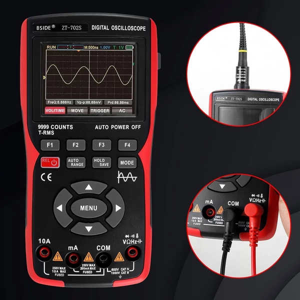 BSIDE ZT702S Digitális Multiméter, Oszcilloszkóp, Auto True RMS, Tranzisztor Szonda, 48M/s 10MHz PC Hullámforma, 2.8" LCD Kijelző