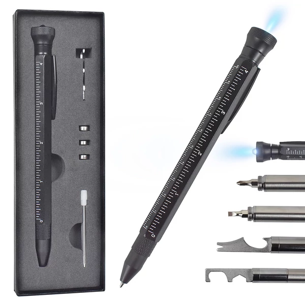HMP P256 12 az 1-ben multifunkciós toll LED-del, masszírozóval, csavarhúzóval, vonalzóval, sörnyitóval, telefontartóval – fekete