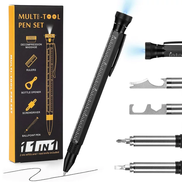 HMP P256 12 az 1-ben multifunkciós toll LED-del, masszírozóval, csavarhúzóval, vonalzóval, sörnyitóval, telefontartóval – fekete
