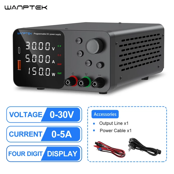 WANPTEK TPS305 állítható DC tápegység, 30V 5A, kódolóval, USB-C gyorstöltés, 4-jegyű kijelző, alacsony zaj, hűtőventilátor - fekete