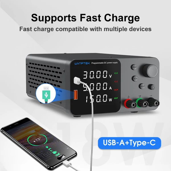WANPTEK TPS305 állítható DC tápegység, 30V 5A, kódolóval, USB-C gyorstöltés, 4-jegyű kijelző, alacsony zaj, hűtőventilátor - fekete