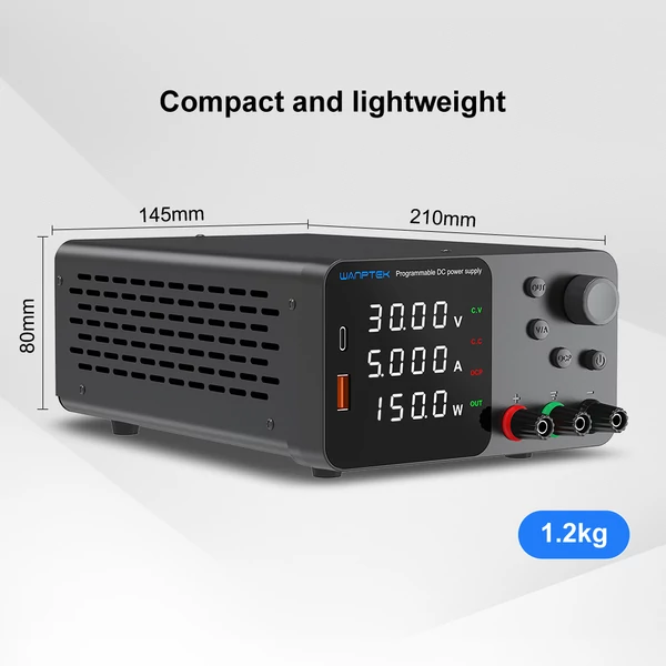 WANPTEK TPS305 állítható DC tápegység, 30V 5A, kódolóval, USB-C gyorstöltés, 4-jegyű kijelző, alacsony zaj, hűtőventilátor - fekete